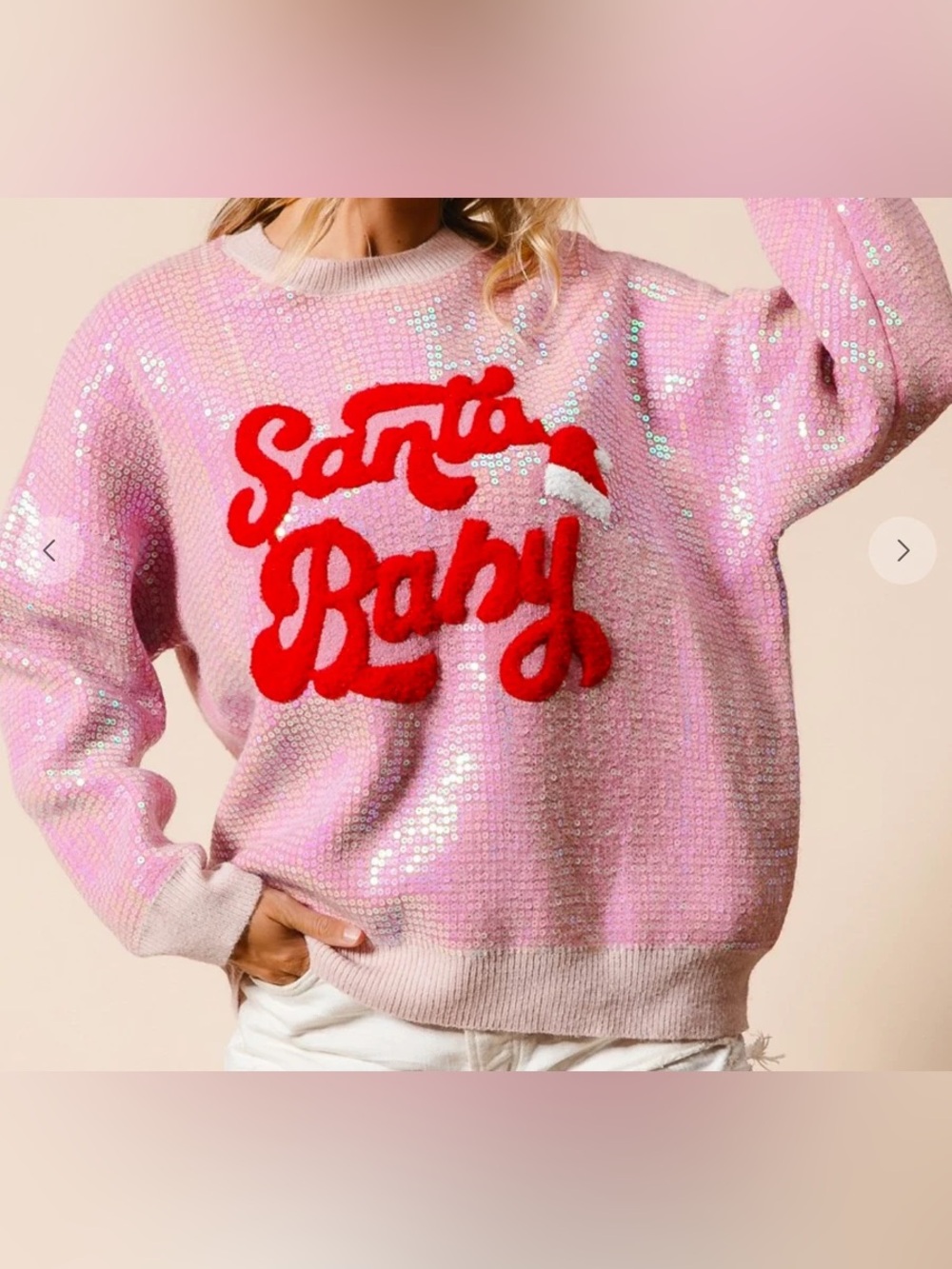 BIBI M Pink Santa Baby Sequin Sweater Christmas Holiday Glam Coquette Party Xmas - Picture 2 of 12